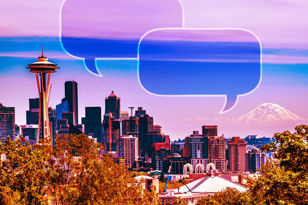 Seattle skyline with Mount Rainier in the background, representing Pacific Northwest communication insights for (W)right On Communications.