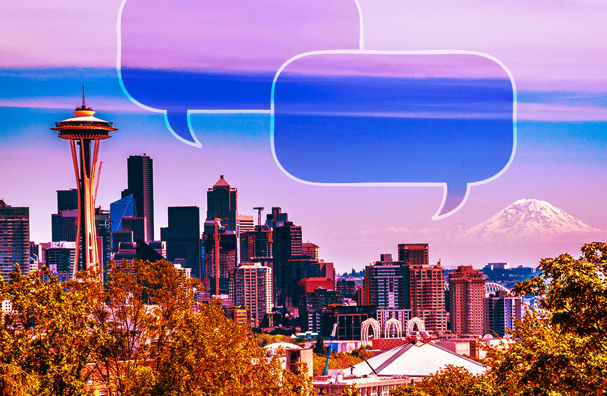 Seattle skyline with Mount Rainier in the background, representing Pacific Northwest communication insights for (W)right On Communications.