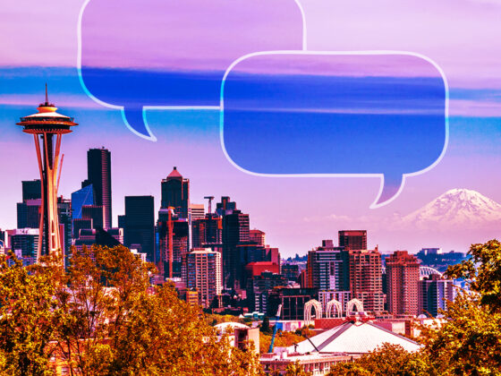 Seattle skyline with Mount Rainier in the background, representing Pacific Northwest communication insights for (W)right On Communications.