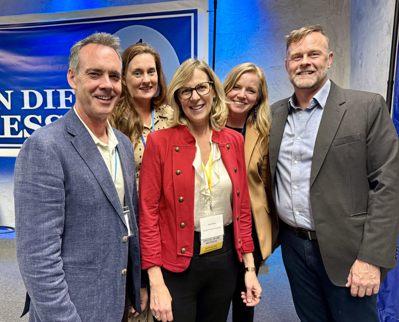 Julie Wright with Grant Wright, Mindy Wright, Danielle Crebbin and David Cumpston of the (W)right On Communications at the 2025 San Diego Press Club Awards