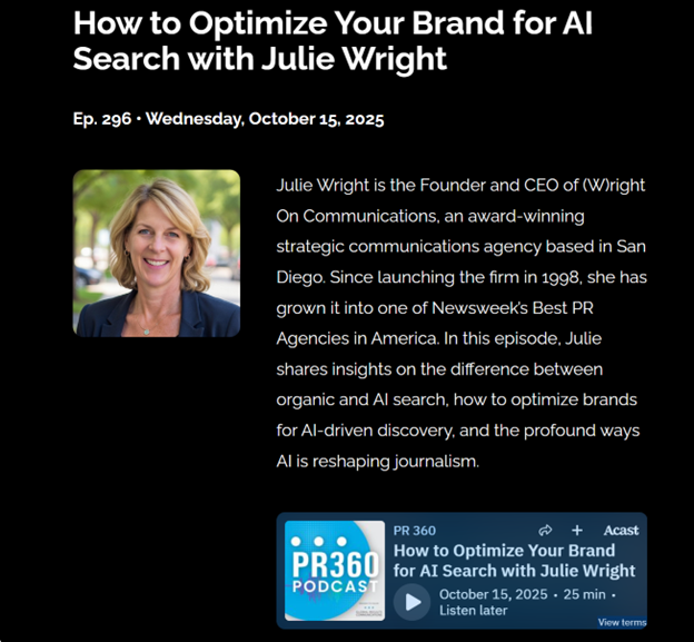 PR 360 podcast episode, "How to Optimize Your Brand for AI Search with Julie Wright"