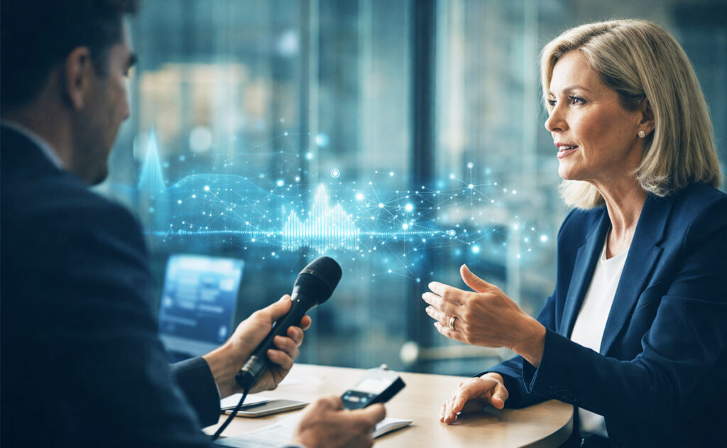 Wright On Communications executive media training showing interview responses being analyzed by AI systems