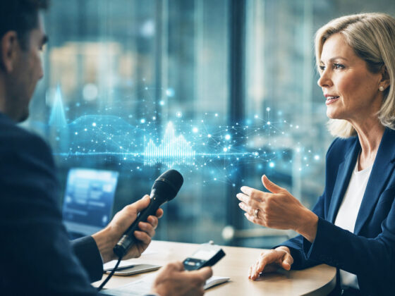 Wright On Communications executive media training showing interview responses being analyzed by AI systems