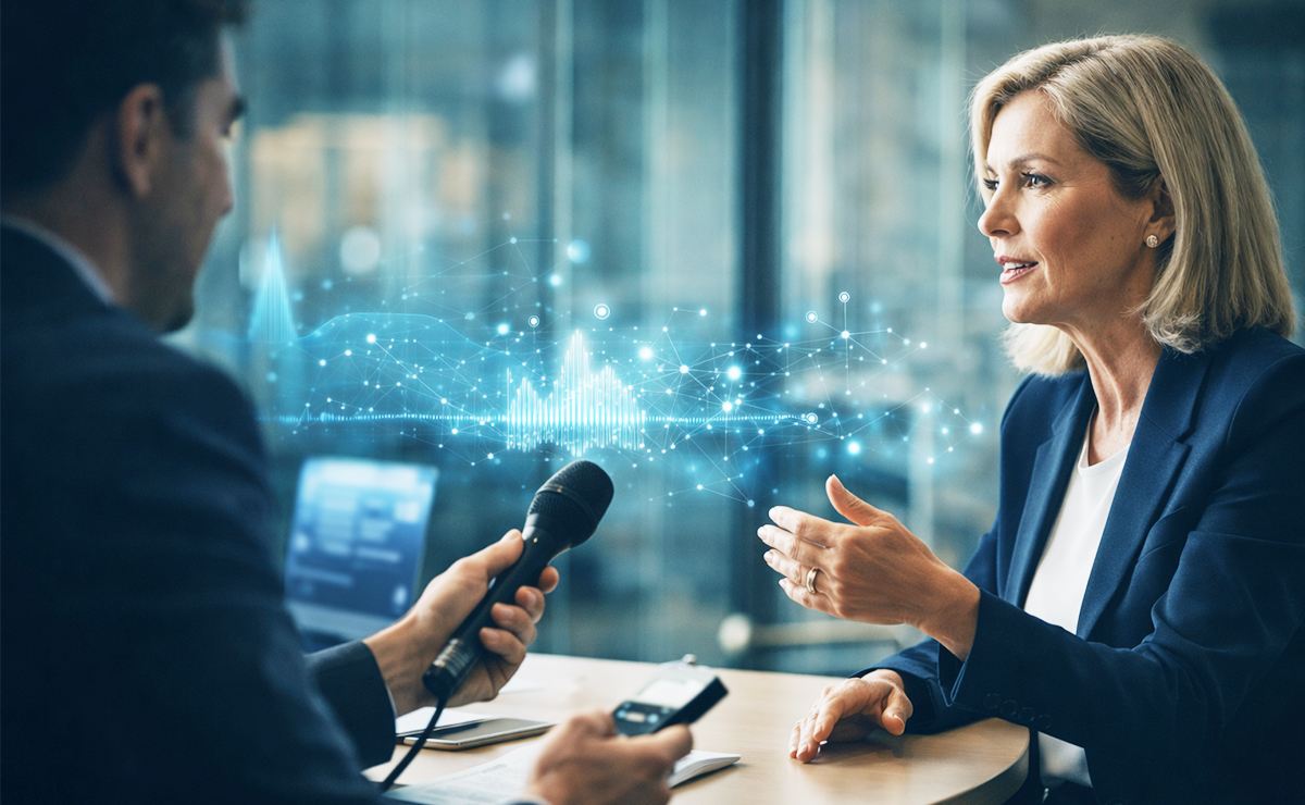 Wright On Communications executive media training showing interview responses being analyzed by AI systems